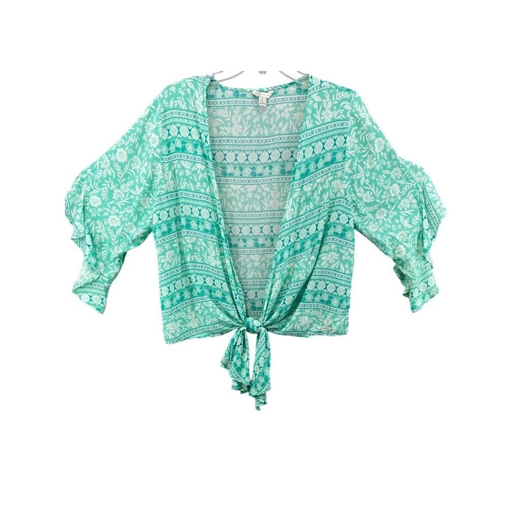 Cato Shirt Womens Sz L Tie‎ Front Top Mint Green Floral Boho Ruffle Sleeve Crop